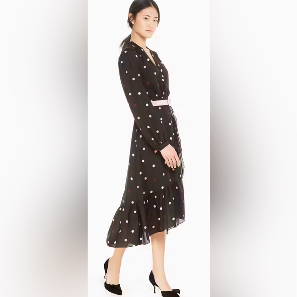 Kate Spade Long Sleeve Bakery Dot Midi Wrap Dress Black w Pink & White Polka Dot - Picture 5 of 8